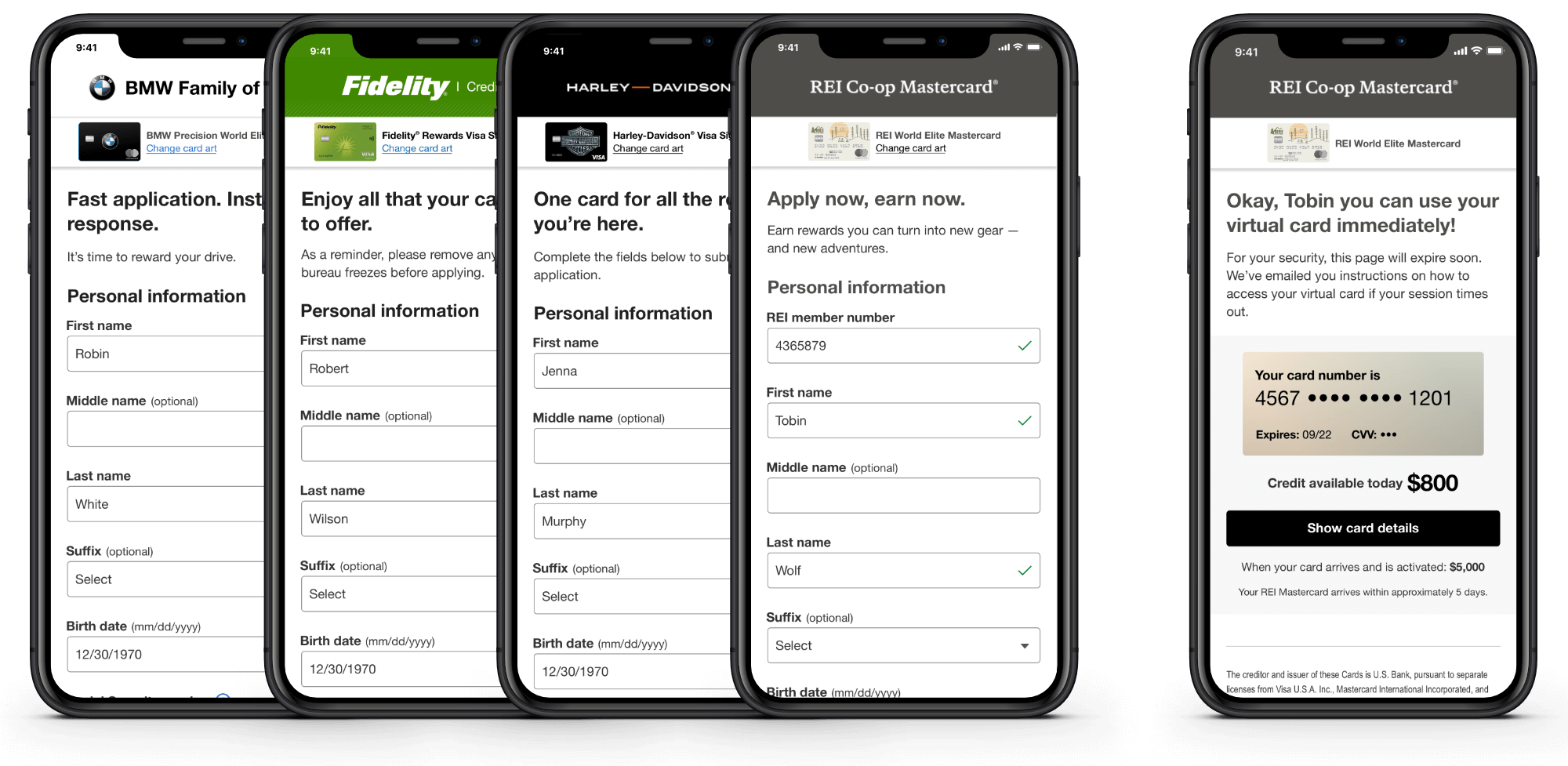 Four mobile screens, each displaying the credit card application form, and tailored to one of four brands: BMW, Fidelity, Harley-Davidson, and REI Co-op.